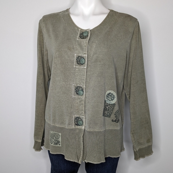 Vintage Fine Line muted green artsy abstract button up sweatshirt cardigan S - Picture 1 of 8
